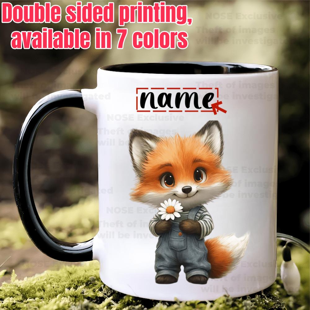 Tailorly Black Accent 11 oz Mug - cute fox design with floral decorations