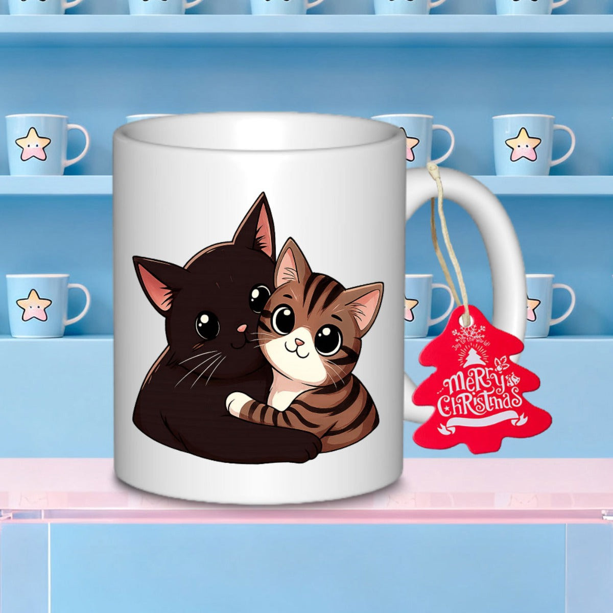 Tailorly White Ceramic 11 oz Mug - Merry Christmas Adorable Cuddling Black And Striped Tabby Kittens On White Cat