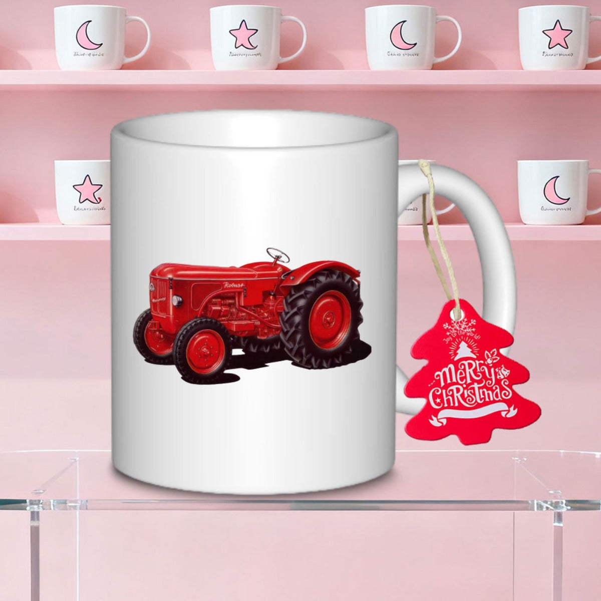 Tailorly White Ceramic 11 oz Mug - Merry Christmas Vintage Red Farm Equipment With Large Tires Resting Comfortably Tractor
