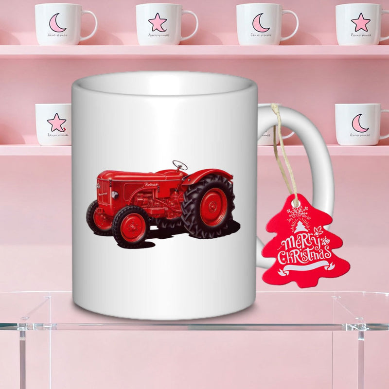 Tailorly White Ceramic 11 oz Mug - Merry Christmas Vintage Red Farm Equipment With Large Tires Resting Comfortably Tractor
