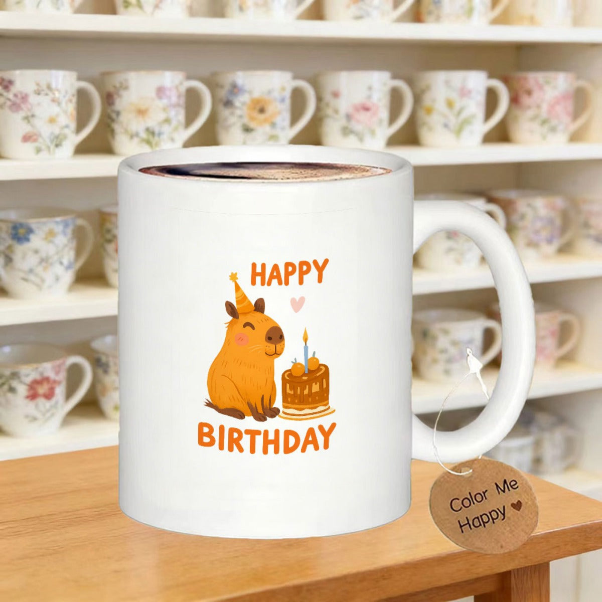 Tailorly White Ceramic 11 oz Mug - Happy Birthday Cute Orange Capybara Wearing A Party Hat Beside Birthday Cake Capybara