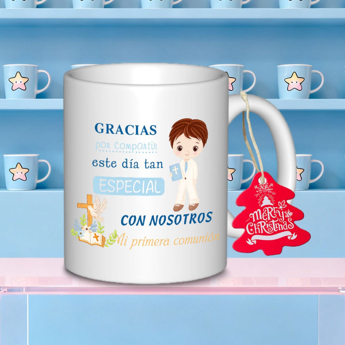 Tailorly White Ceramic 11 oz Mug - Charming Young Child In Formal Suit Carrying Bible Near Floral Cross Boy