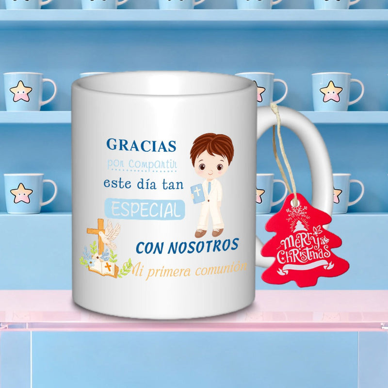 Tailorly White Ceramic 11 oz Mug - Charming Young Child In Formal Suit Carrying Bible Near Floral Cross Boy