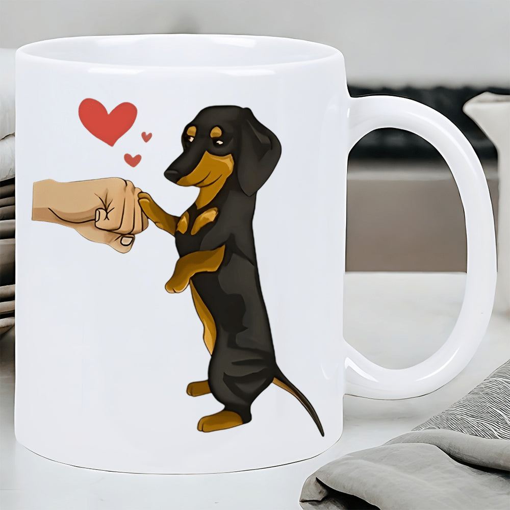 Tailorly White Ceramic 11 oz Mug - Adorable Cartoon Dachshund Puppy Standing On Hind Legs Giving Fist Bump Dachshund