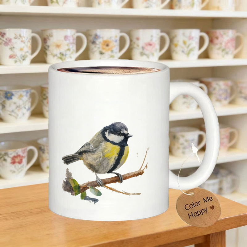 Tailorly White Ceramic 11 oz Mug - Color Me Happy Tiny Realistic Songbird Perched On A Delicate Leafy Twig Bird