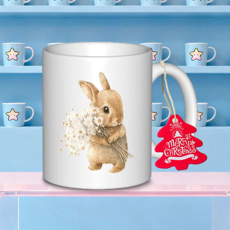 Tailorly White Ceramic 11 oz Mug - Merry Christmas Soft Brown Watercolor Bunny Holding Delicate White Fluffy Dandelion Rabbit