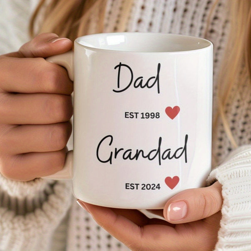 Tailorly White Ceramic 11 oz Mug - Dad Grandad EST 1998 2024 Minimalist Ceramic Vessel Featuring Delicate Small Red Heart Icons Mug