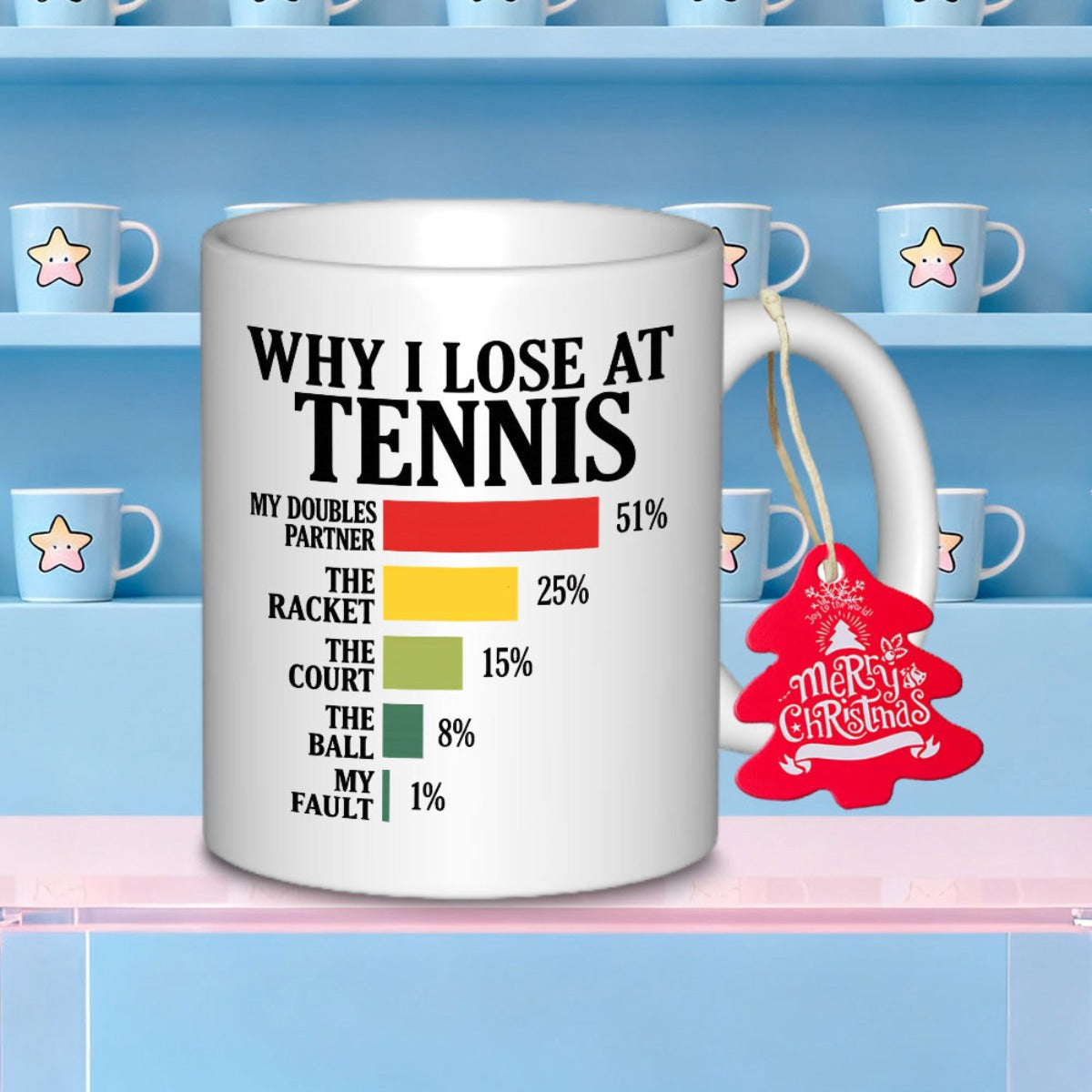 Tailorly White Ceramic 11 oz Mug - Why I Lose At Tennis Simple Colorful Bar Chart Detailing Humorous Excuses For Losing Matches Mug