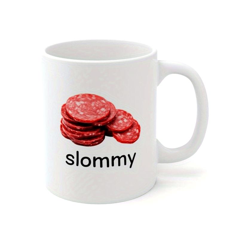 Tailorly White Ceramic 11 oz Mug - Slommy Stack Of Delicious Red Cured Sliced Meat On Plain Background Salami