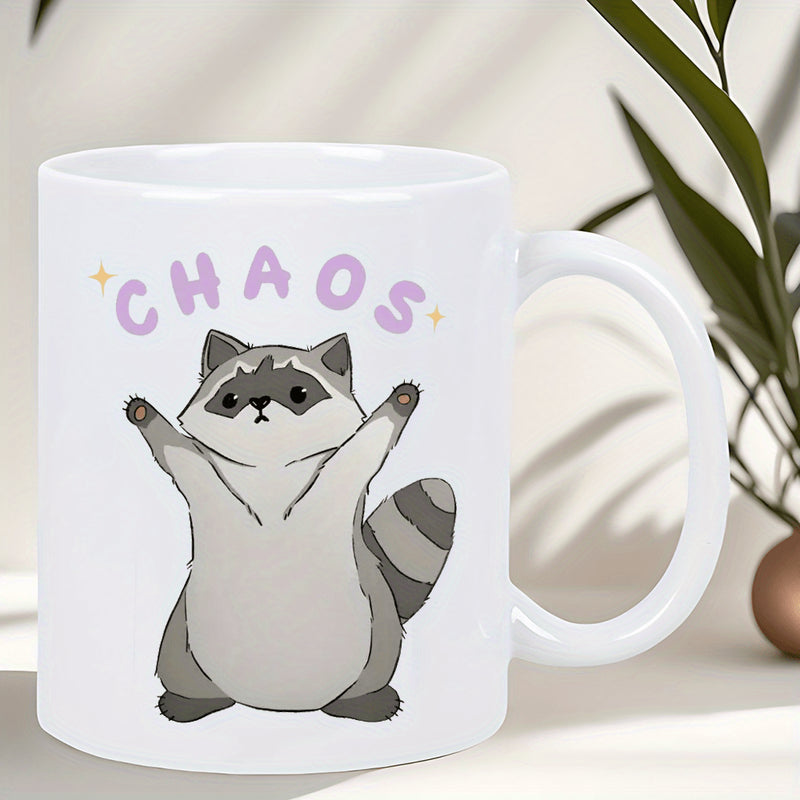 Tailorly White Ceramic 11 oz Mug - Chaos Adorable Cartoon Raccoon Standing With Paws Raised Amidst Sparkling Stars Raccoon