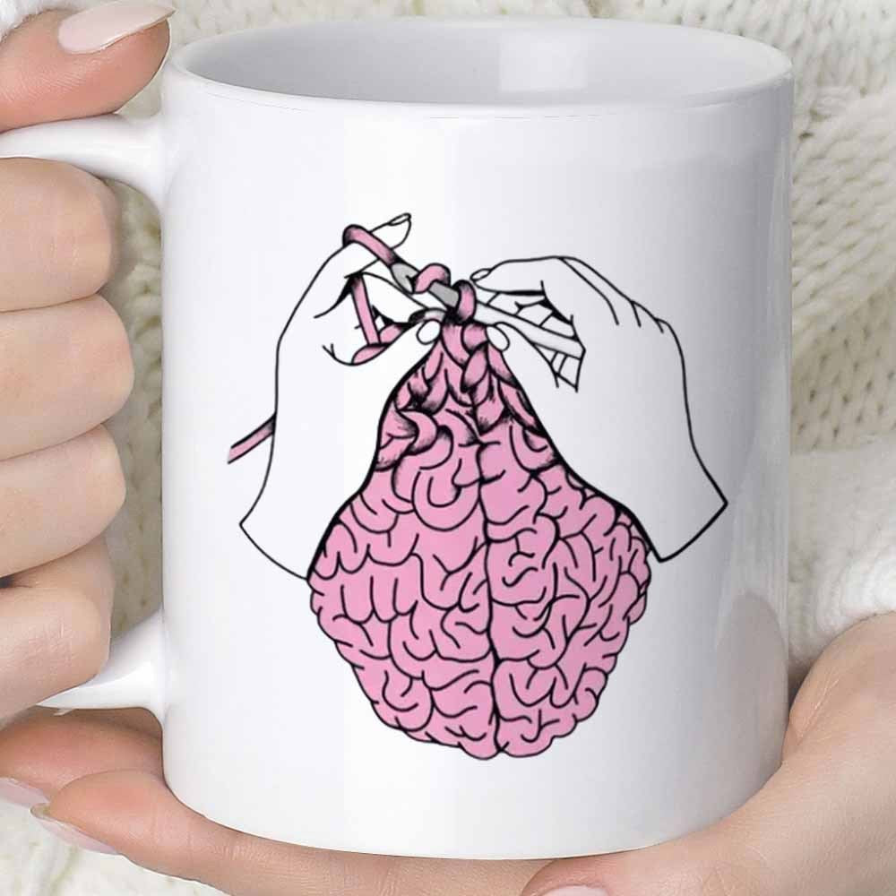 Tailorly White Ceramic 11 oz Mug - Graceful Human Hands Crocheting Pink Soft Yarn Into A Detailed Brain