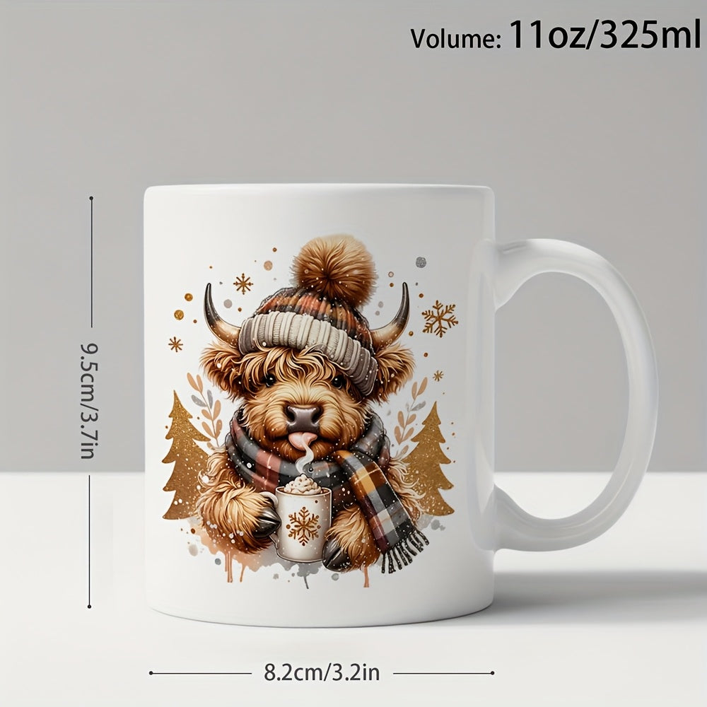 Tailorly White Ceramic 11 oz Mug - Adorable Highland Cow Wearing Knitted Winter Hat And Scarf Cow