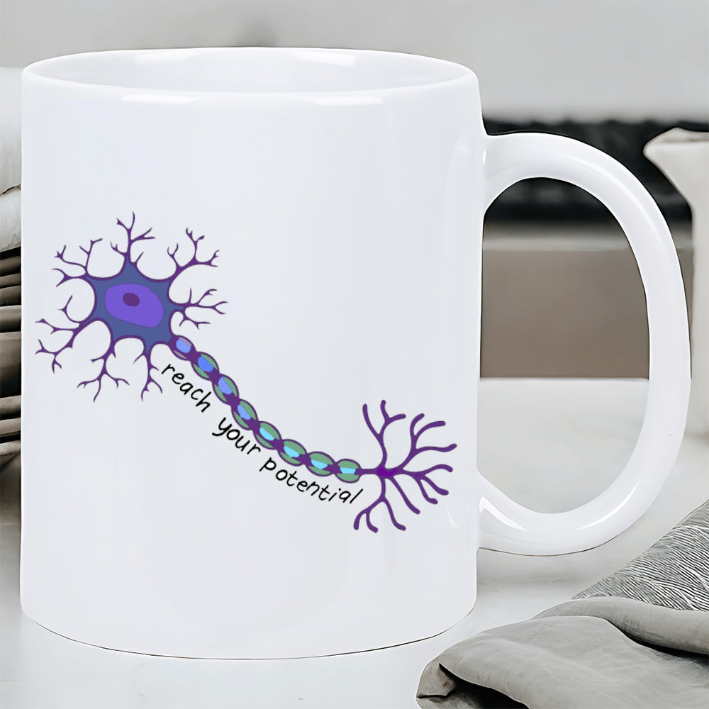 Tailorly White Ceramic 11 oz Mug - Reach Your Potential Detailed Biological Structure Of A Purple Nerve Cell With Dendrites Neuron