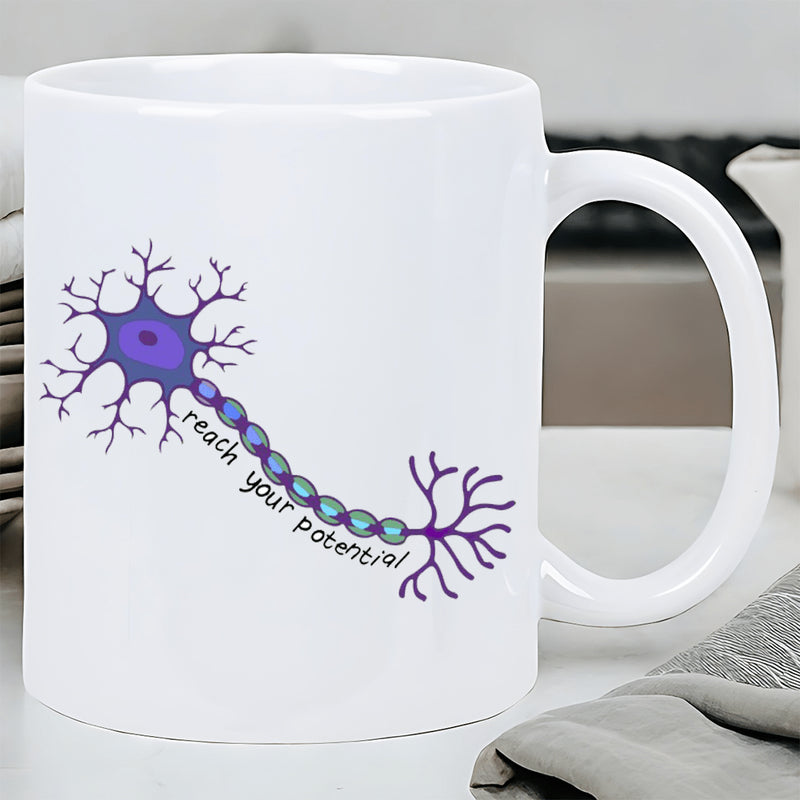 Tailorly White Ceramic 11 oz Mug - Reach Your Potential Detailed Biological Structure Of A Purple Nerve Cell With Dendrites Neuron
