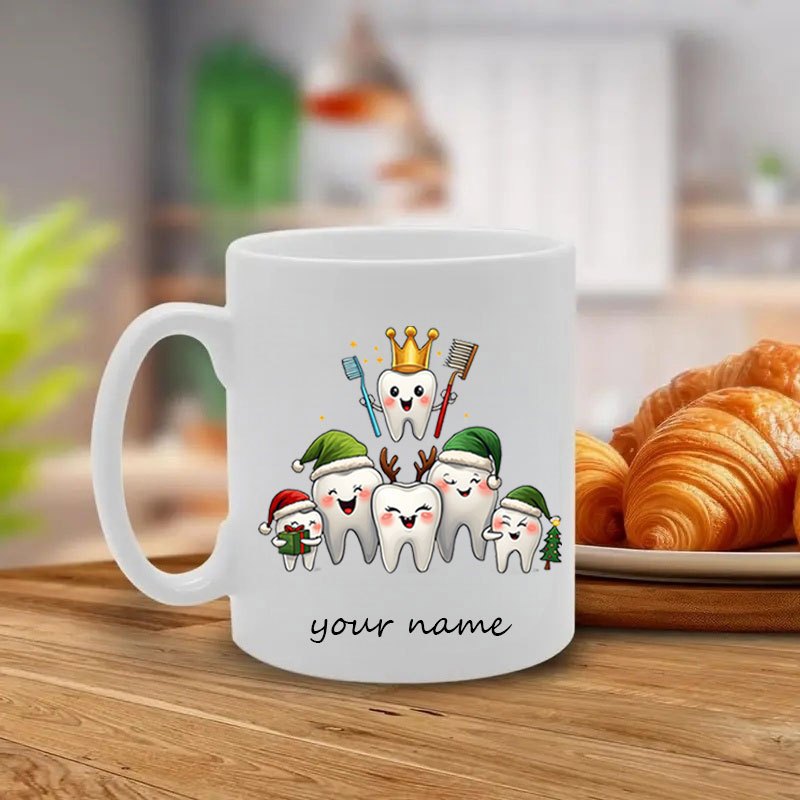Tailorly White Ceramic 11 oz Mug - Your Name Joyful Cartoon Dental Characters Wearing Festive Christmas Hats And Reindeer Antlers Tooth