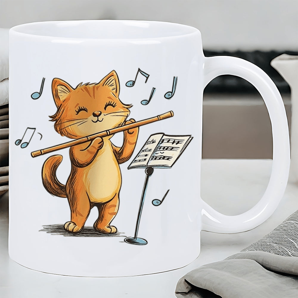 Tailorly White Ceramic 11 oz Mug - Adorable Orange Tabby Standing While Playing Wooden Flute Near Music Stand Cat