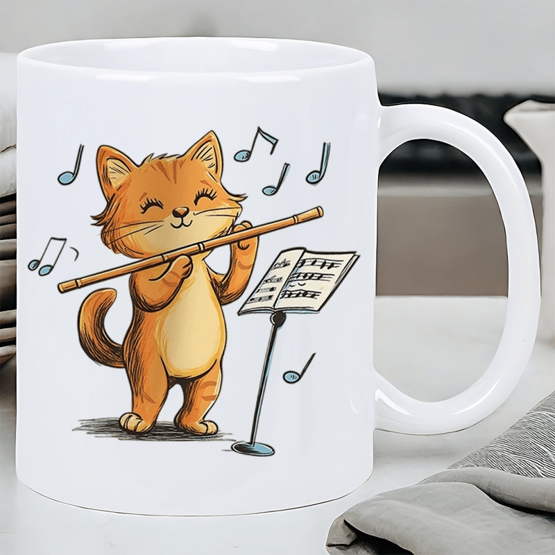 Tailorly White Ceramic 11 oz Mug - Adorable Orange Tabby Standing While Playing Wooden Flute Near Music Stand Cat