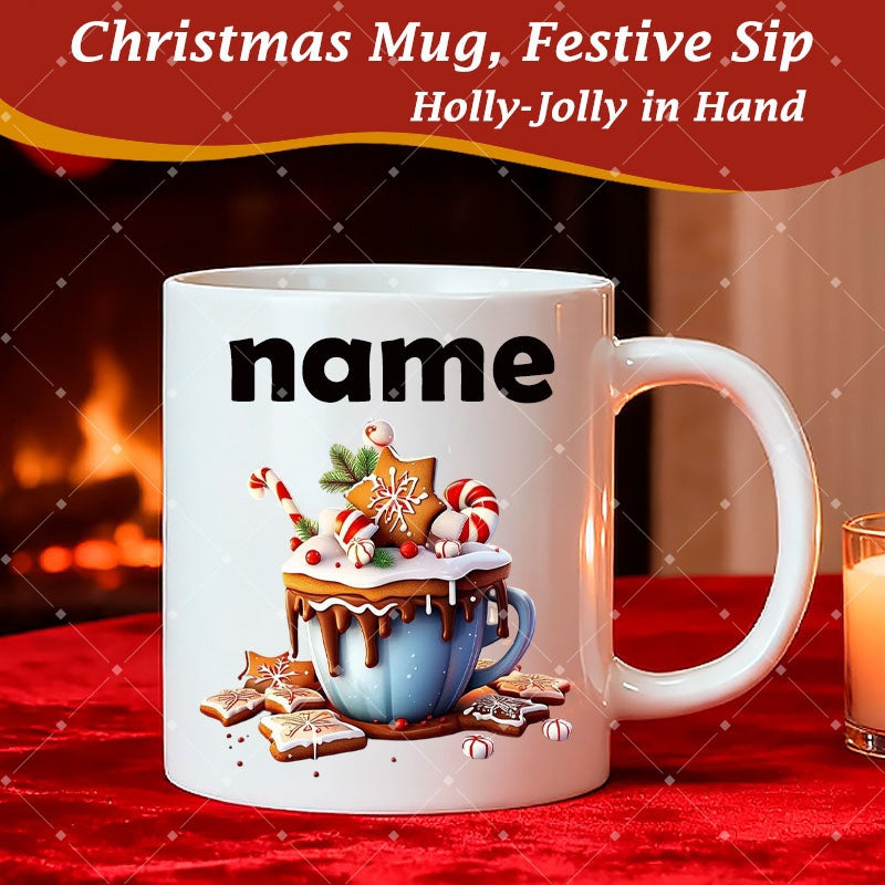 Tailorly White Ceramic 11 oz Mug - Christmas Mug Festive Sip Holly Jolly In Hand Name Warm Festive Cocoa With Sweet Gingerbread Stars And Candy Canes Cup