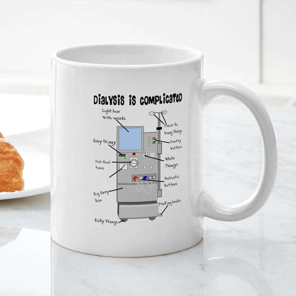 Tailorly White Ceramic 11 oz Mug - Dialysis Is Complicated Technical Medical Equipment Featuring Detailed Labels And Schematic Components Dialysis Machine