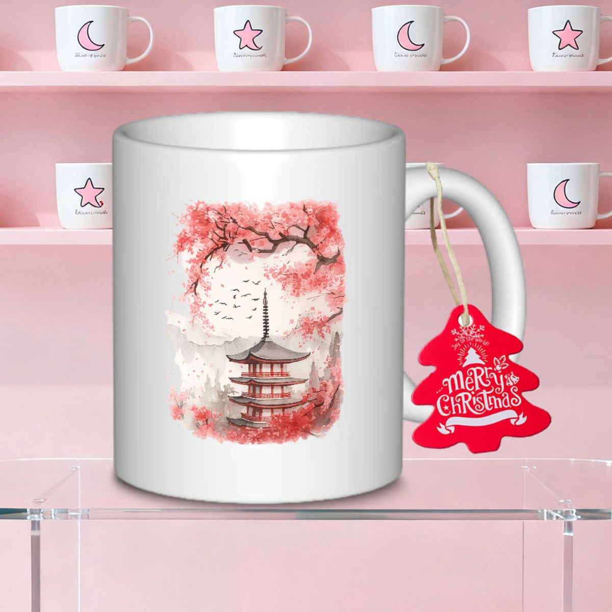 Tailorly White Ceramic 11 oz Mug - Merry Christmas Traditional Japanese Scenery With Delicate Blooming Pink Cherry Blossoms And Birds Pagoda