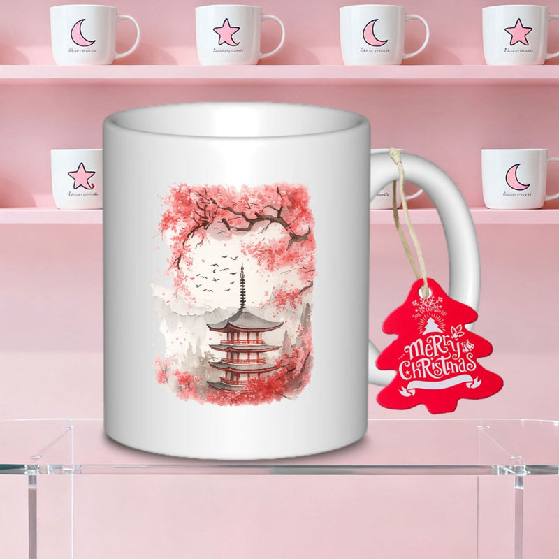 Tailorly White Ceramic 11 oz Mug - Merry Christmas Traditional Japanese Scenery With Delicate Blooming Pink Cherry Blossoms And Birds Pagoda