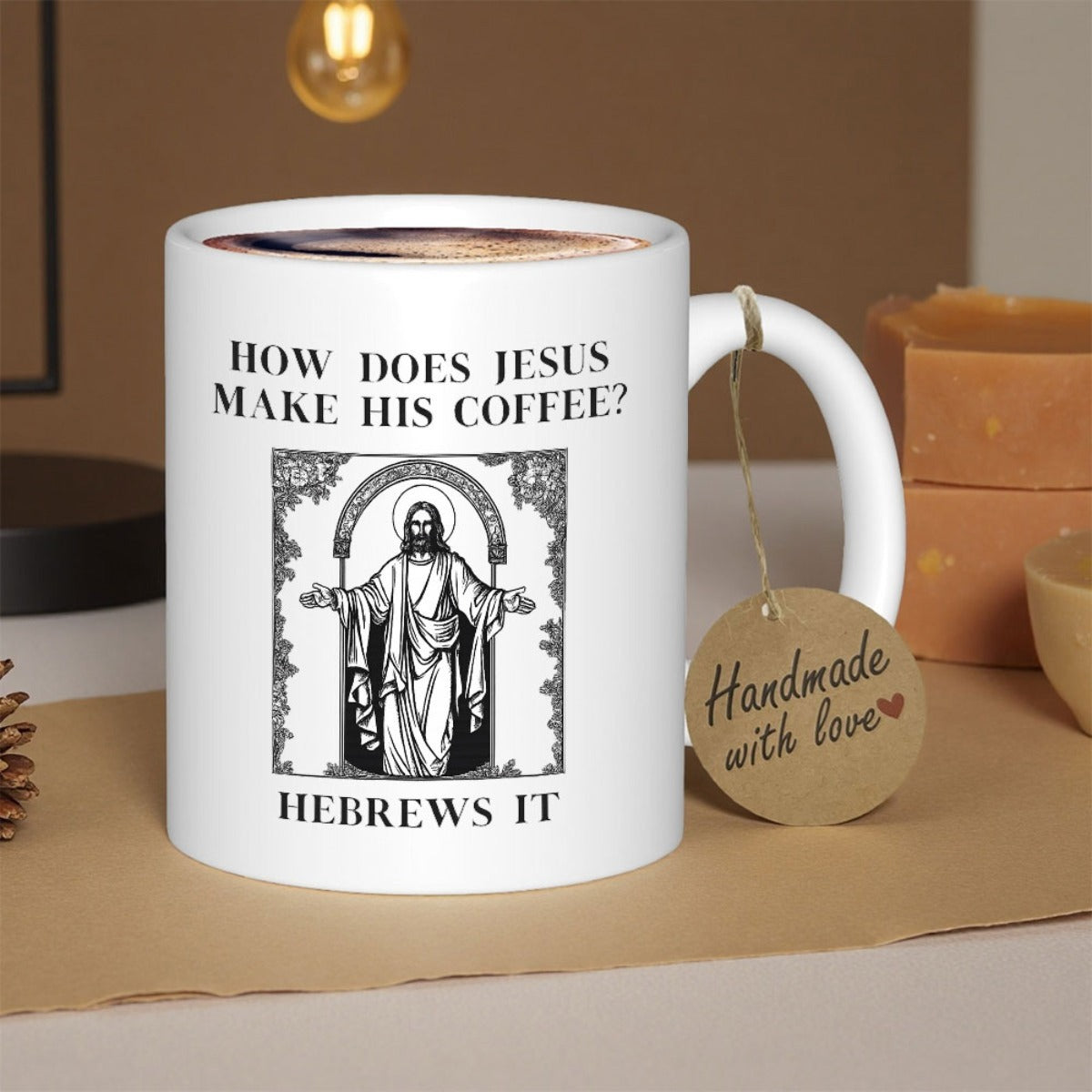 Tailorly White Ceramic 11 oz Mug - How Does Jesus Make His Coffee Hebrews It Traditional Religious Icon Within A Decorative Classical Ornate Engraved Border Jesus