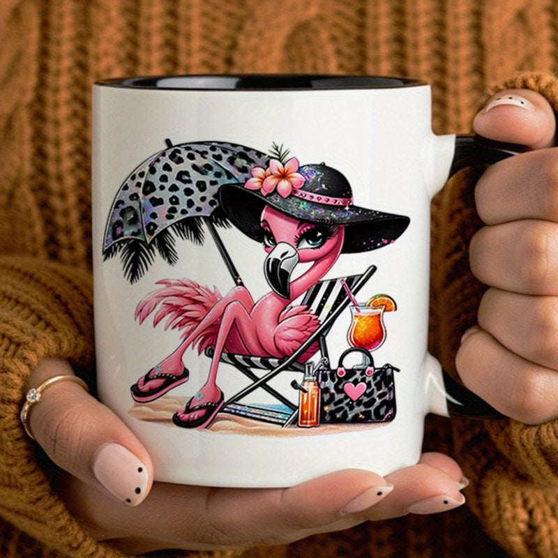 Tailorly Black Accent 11 oz Mug - flamingo pattern with leopard print umbrella and hat
