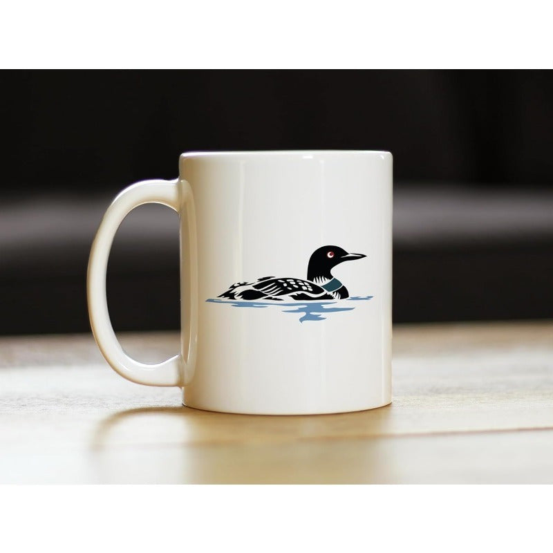 Tailorly White Ceramic 11 oz Mug - Realistic Stylized Bird Floating On Rippling Blue Lake Water Surface Loon