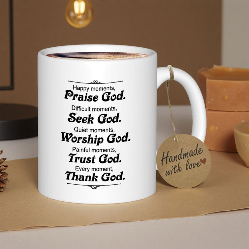 Tailorly White Ceramic 11 oz Mug - Praise God Seek God Worship God Trust God Thank God Minimalist Decorative Horizontal Lines Featuring Bold Script Typography
