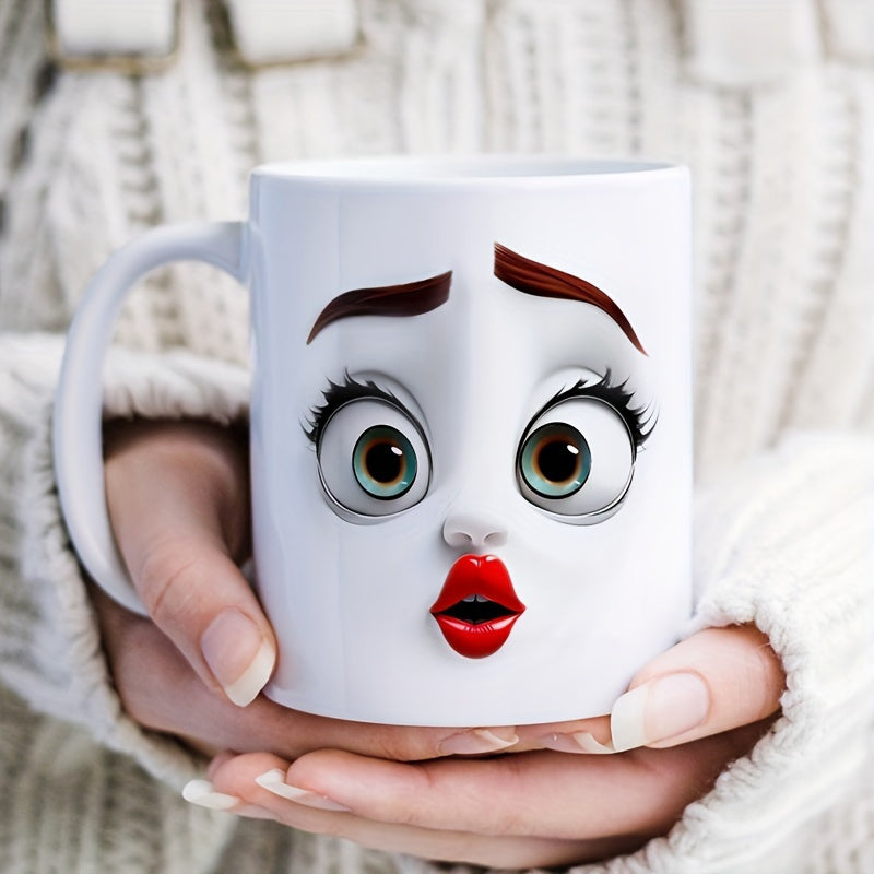 Tailorly White Ceramic 11 oz Mug - Surprised Cartoon Character With Big Green Eyes And Red Lips Face