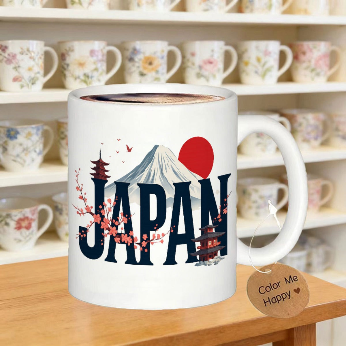 Tailorly White Ceramic 11 oz Mug - Japan Snow Capped Mountain Under Red Sun With Cherry Blossoms Near Pagoda Mug
