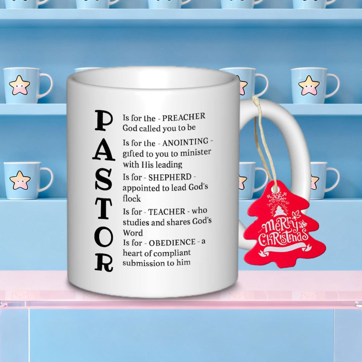Tailorly White Ceramic 11 oz Mug - Pastor Preacher Anointing Shepherd Teacher Obedience Merry Christmas Elegant Featuring Religious Text And Red Decorative Tag Mug