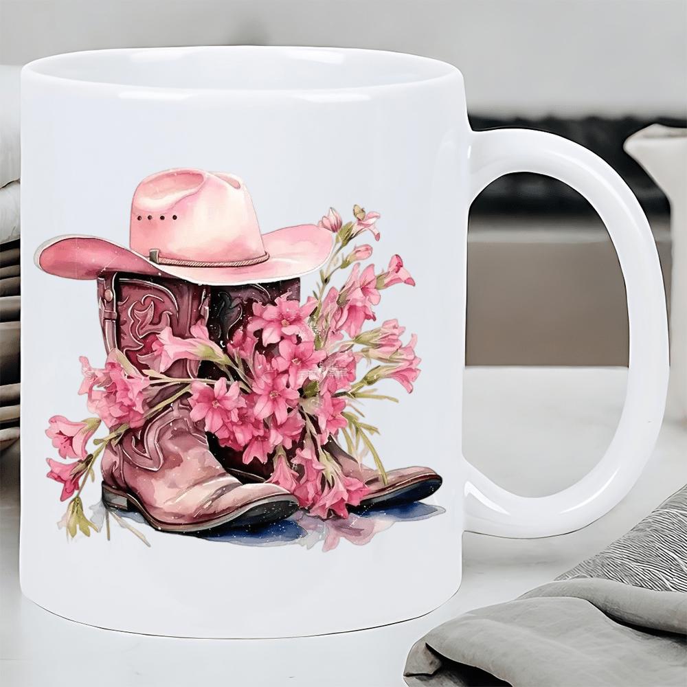 Tailorly White Ceramic 11 oz Mug - Pink Cowboy Hat And Boots Adorned With Blooming Wildflowers In Spring Boot