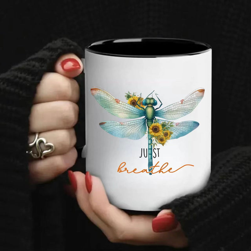 Tailorly Black Accent 11 oz Mug - funny double sided dragonfly sunflower just breathe quote