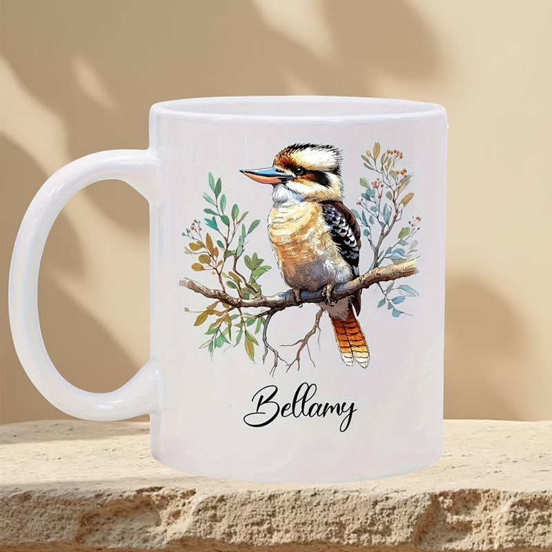 Tailorly White Ceramic 11 oz Mug - Bellamy Watercolor Style Bird Perched On Leafy Branch In Serene Nature Kookaburra