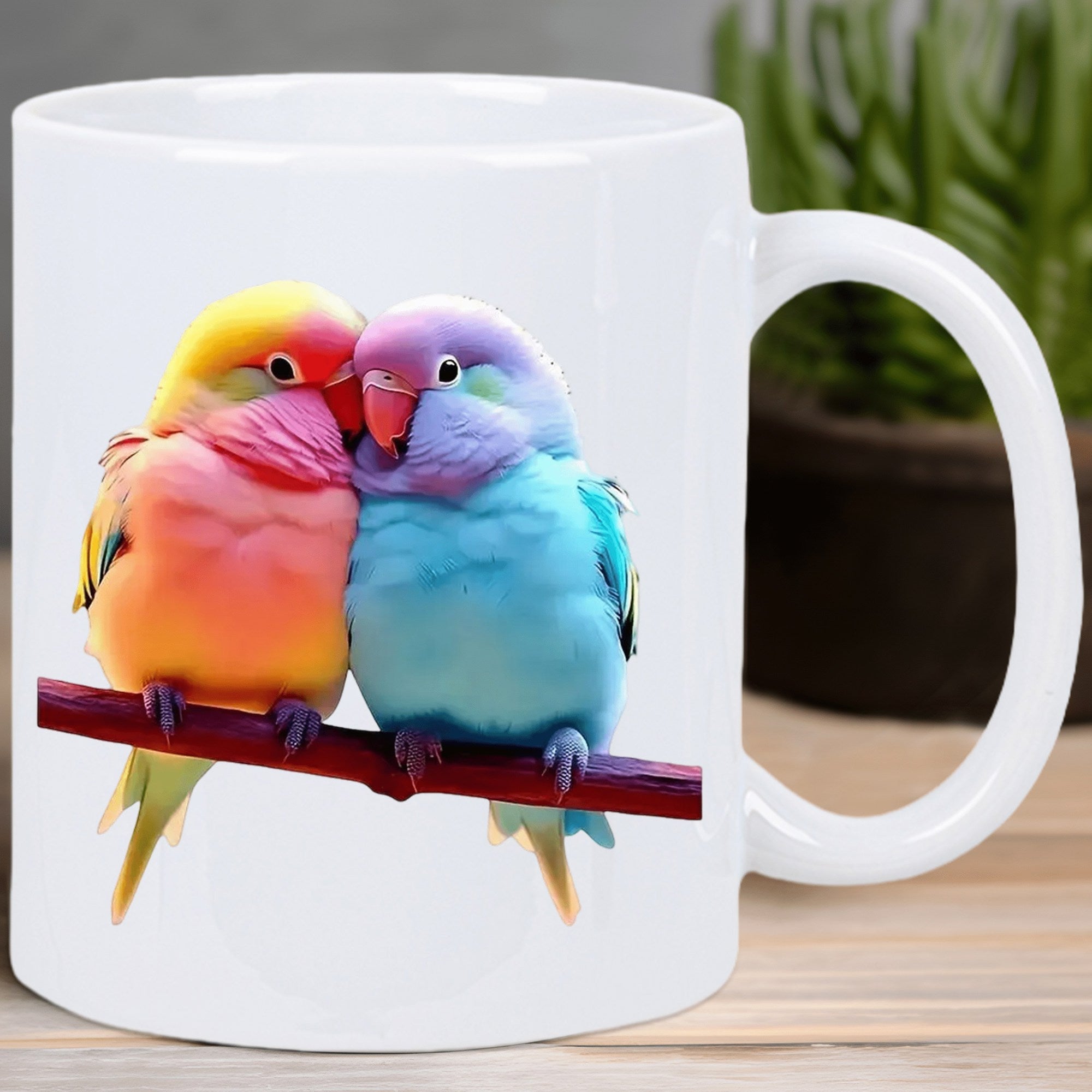 Tailorly White Ceramic 11 oz Mug - Two Colorful Vibrant Tropical Feathered Creatures Snuggling Together Perched Upon A Branch Lovebirds
