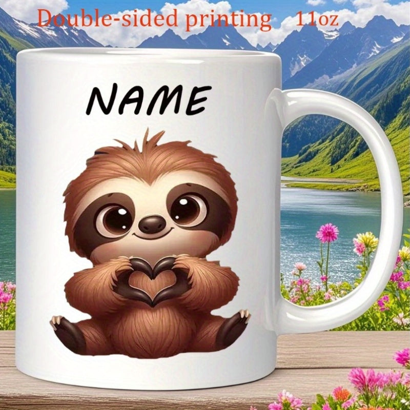 Tailorly White Ceramic 11 oz Mug - Name Adorable Furry Brown Sloth Making Heart Shape Gesture Sitting Peacefully Sloth