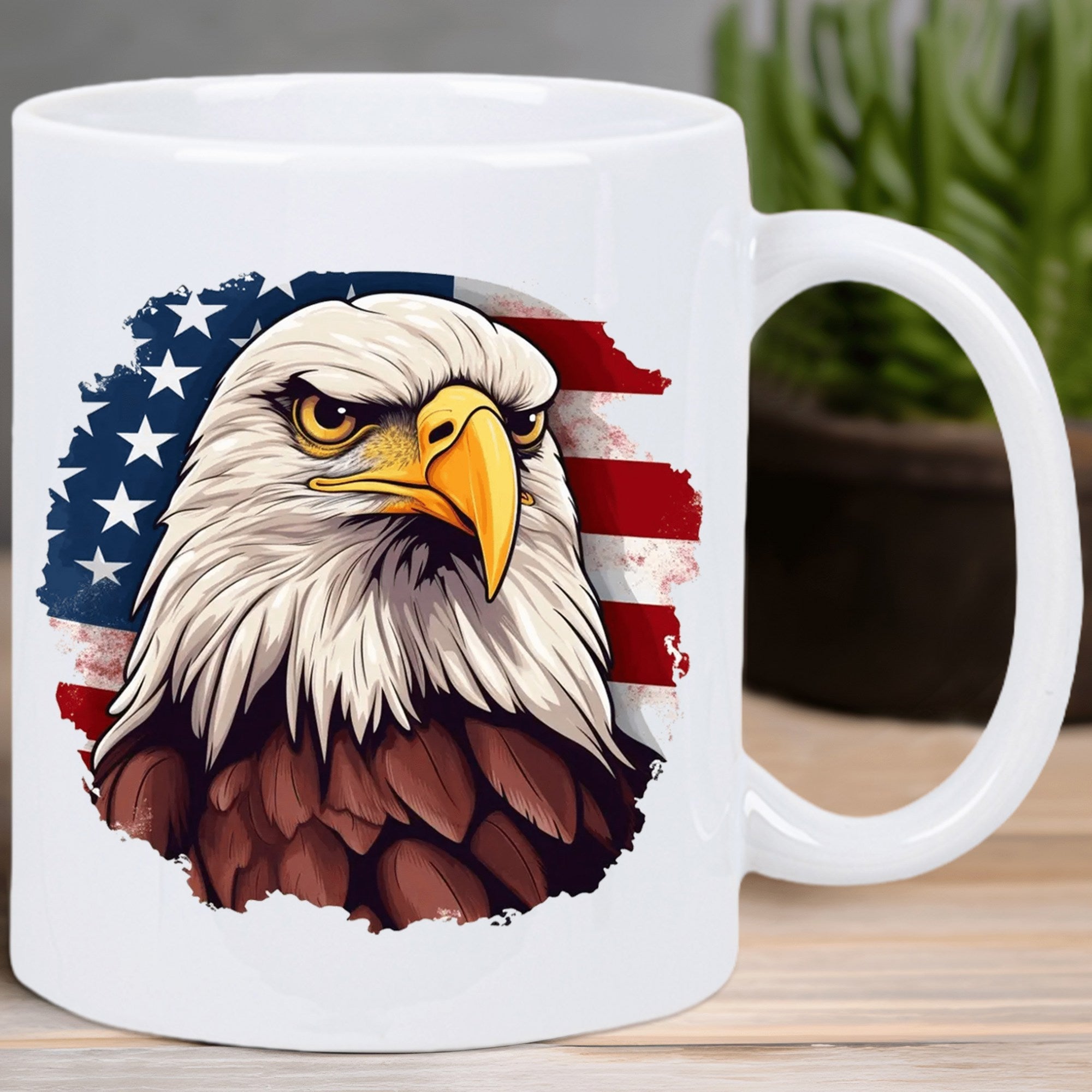 Tailorly White Ceramic 11 oz Mug - Patriotic Majestic Bird With Distressed Stars And Stripes Background Eagle