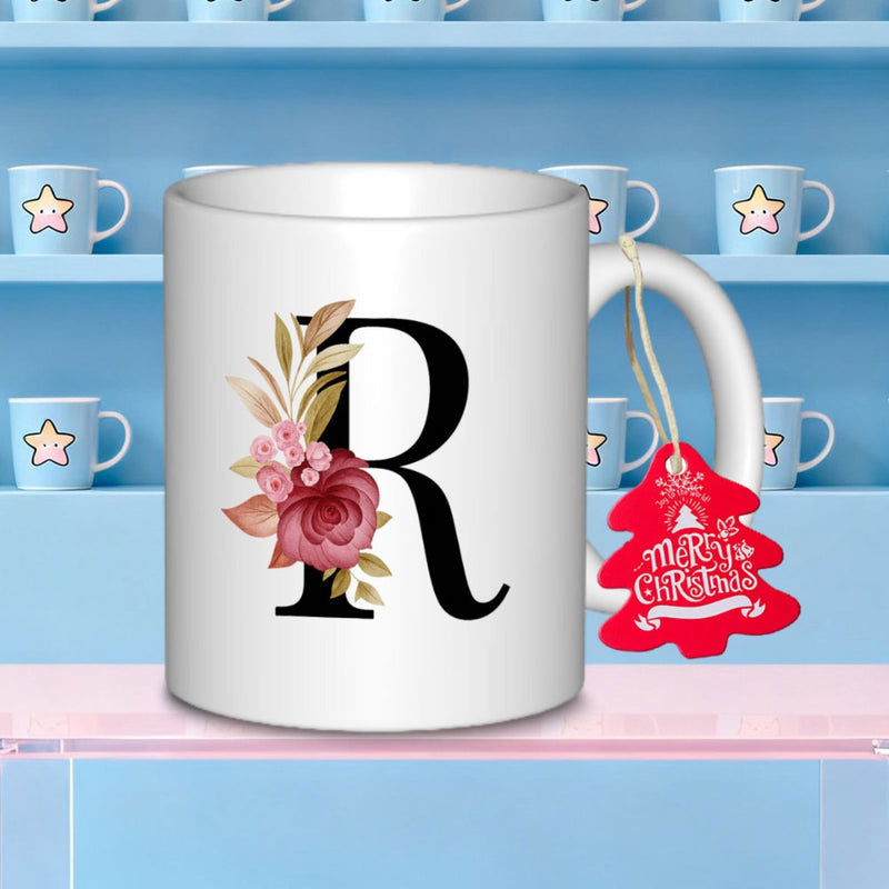 Tailorly White Ceramic 11 oz Mug - R Watercolor Pink Flowers Nestled Against A Large Black Serif Initial Letter