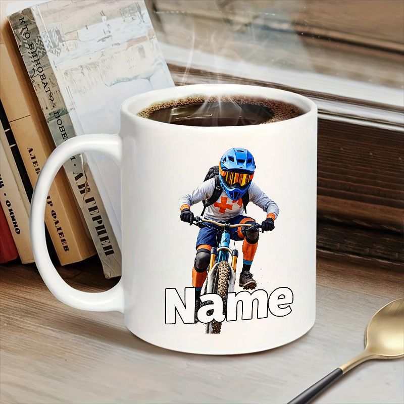 Tailorly White Ceramic 11 oz Mug - Name Energetic Action Sports Rider In Blue Helmet Navigating A Rough Mountain Biker