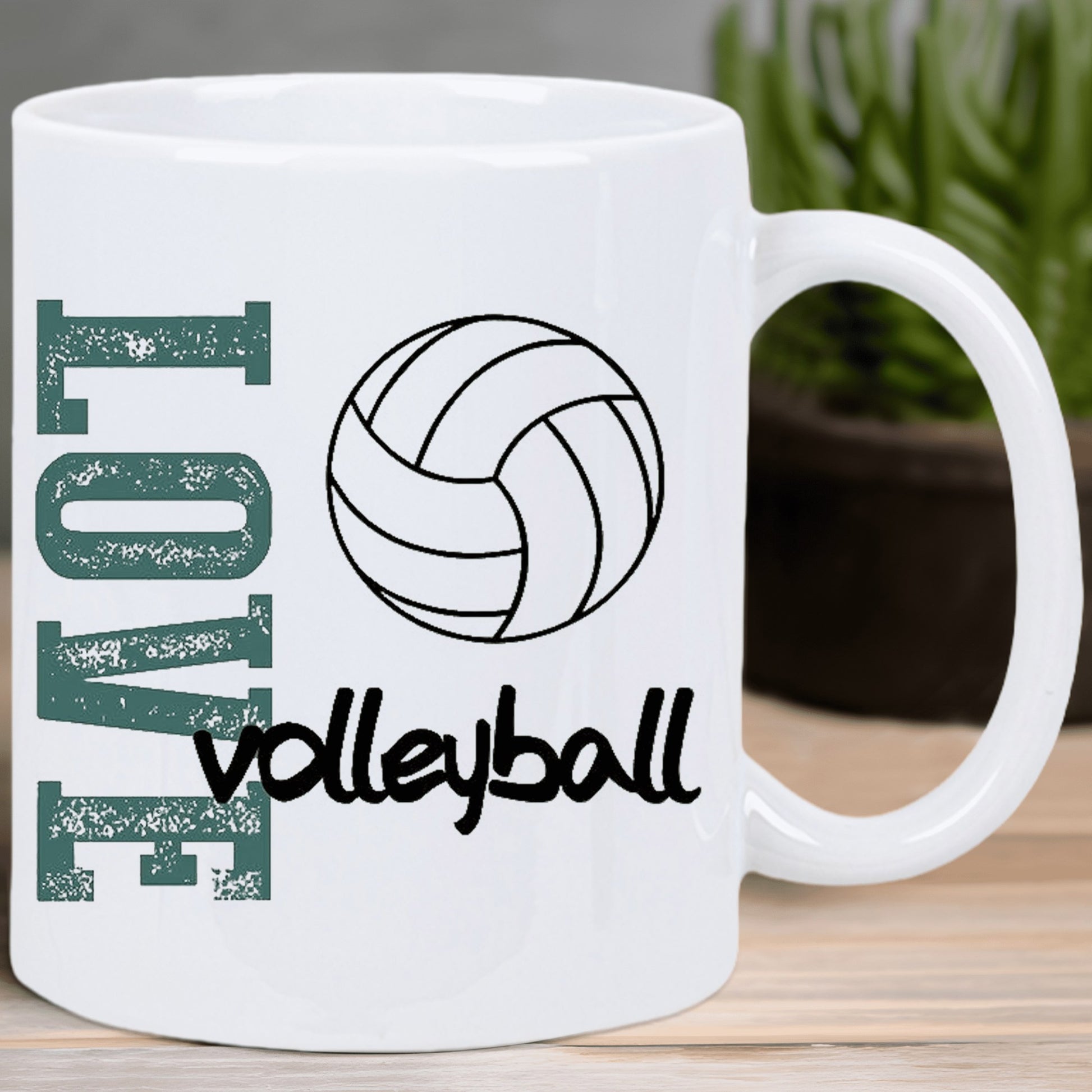 Tailorly White Ceramic 11 oz Mug - Love Volleyball Minimalist Black Outline Showing A Textured Round Athletic Sports Ball Volleyball
