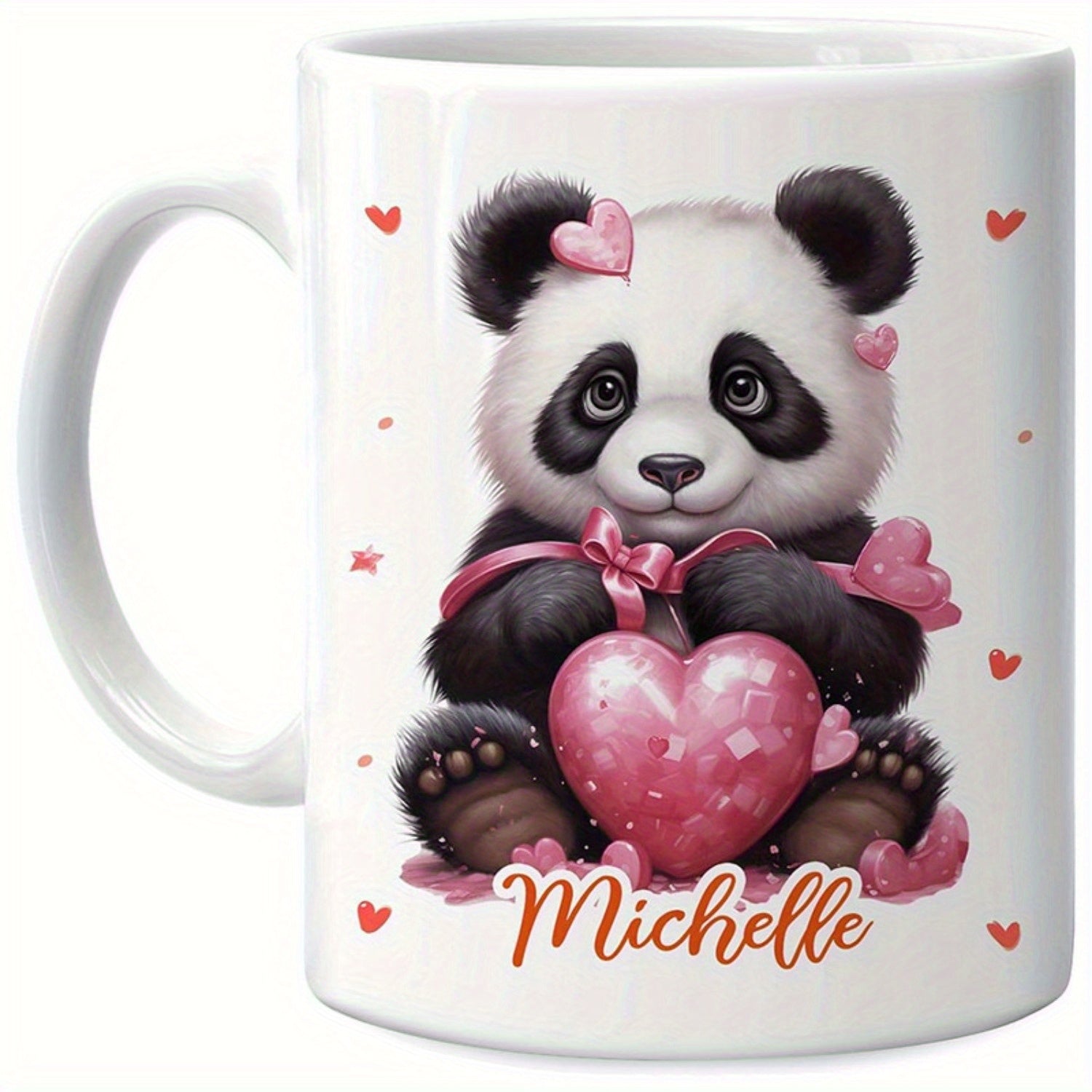 Tailorly White Ceramic 11 oz Mug - Michelle Adorable Fluffy Panda Holding A Large Pink Heart Among Tiny Hearts Panda