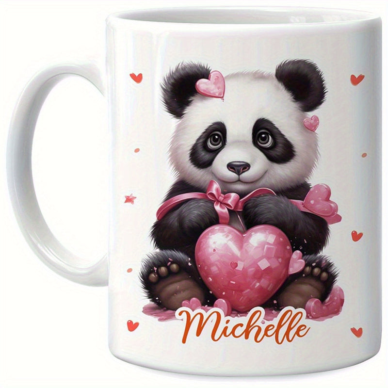 Tailorly White Ceramic 11 oz Mug - Michelle Adorable Fluffy Panda Holding A Large Pink Heart Among Tiny Hearts Panda