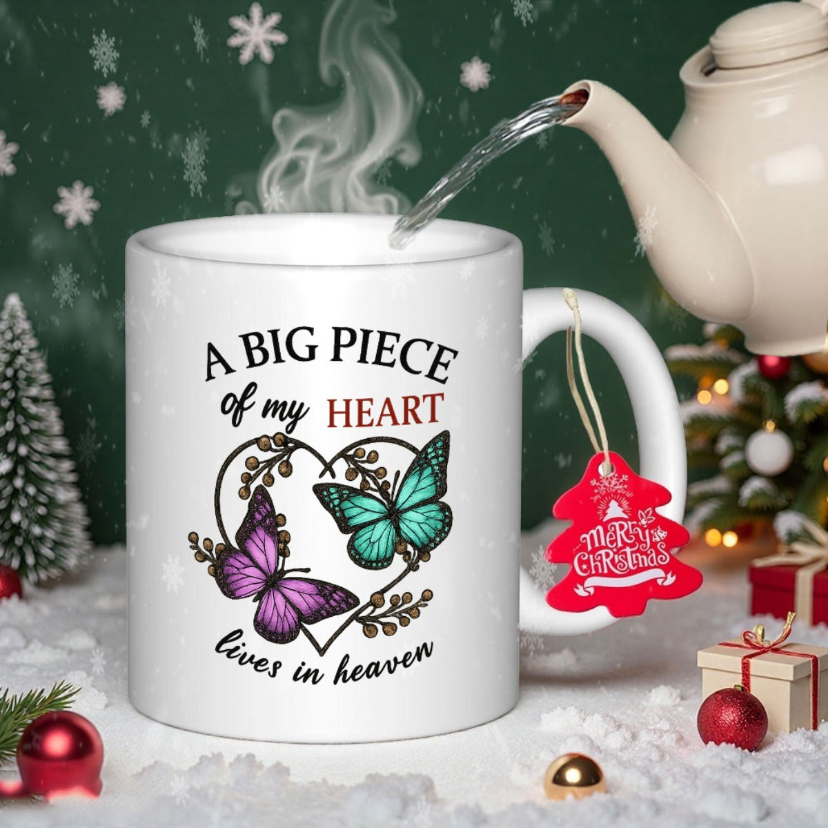 Tailorly White Ceramic 11 oz Mug - A Big Piece Of My Heart Lives In Heaven Delicate Butterflies Fluttering Within An Elegant Vine Heart Among Snowy Atmosphere
