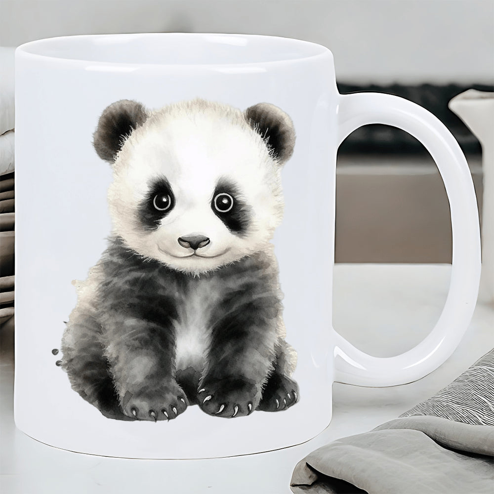 Tailorly White Ceramic 11 oz Mug - Adorable Fluffy Baby Sitting With Gentle Watercolor Fur Details Panda