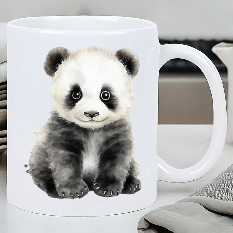 Tailorly White Ceramic 11 oz Mug - Adorable Fluffy Baby Sitting With Gentle Watercolor Fur Details Panda