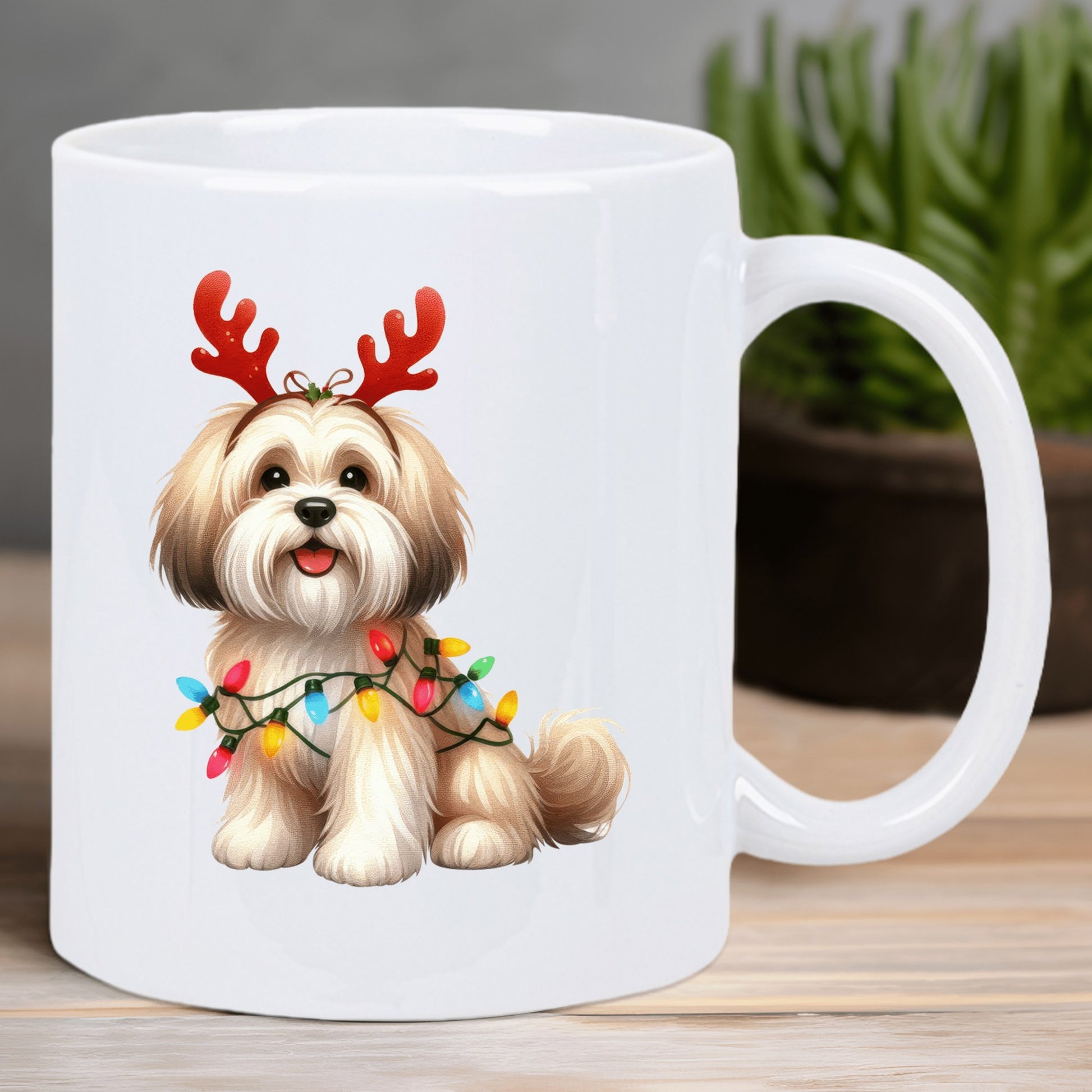 Tailorly White Ceramic 11 oz Mug - Festive Fluffy Puppy Wearing Red Reindeer Antlers With Colorful Holiday Lights Dog