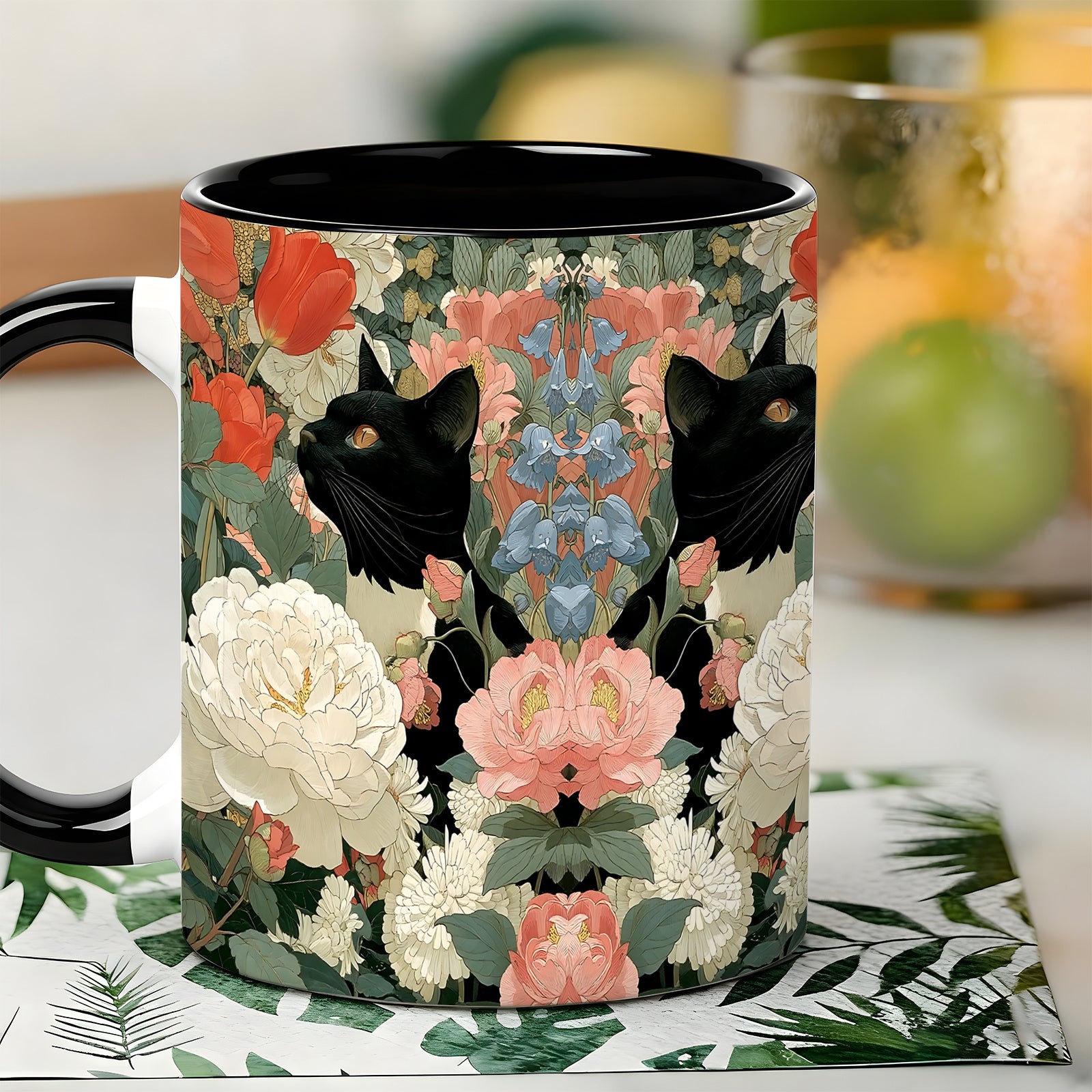 Tailorly Black Accent 11 oz Mug - floral cat