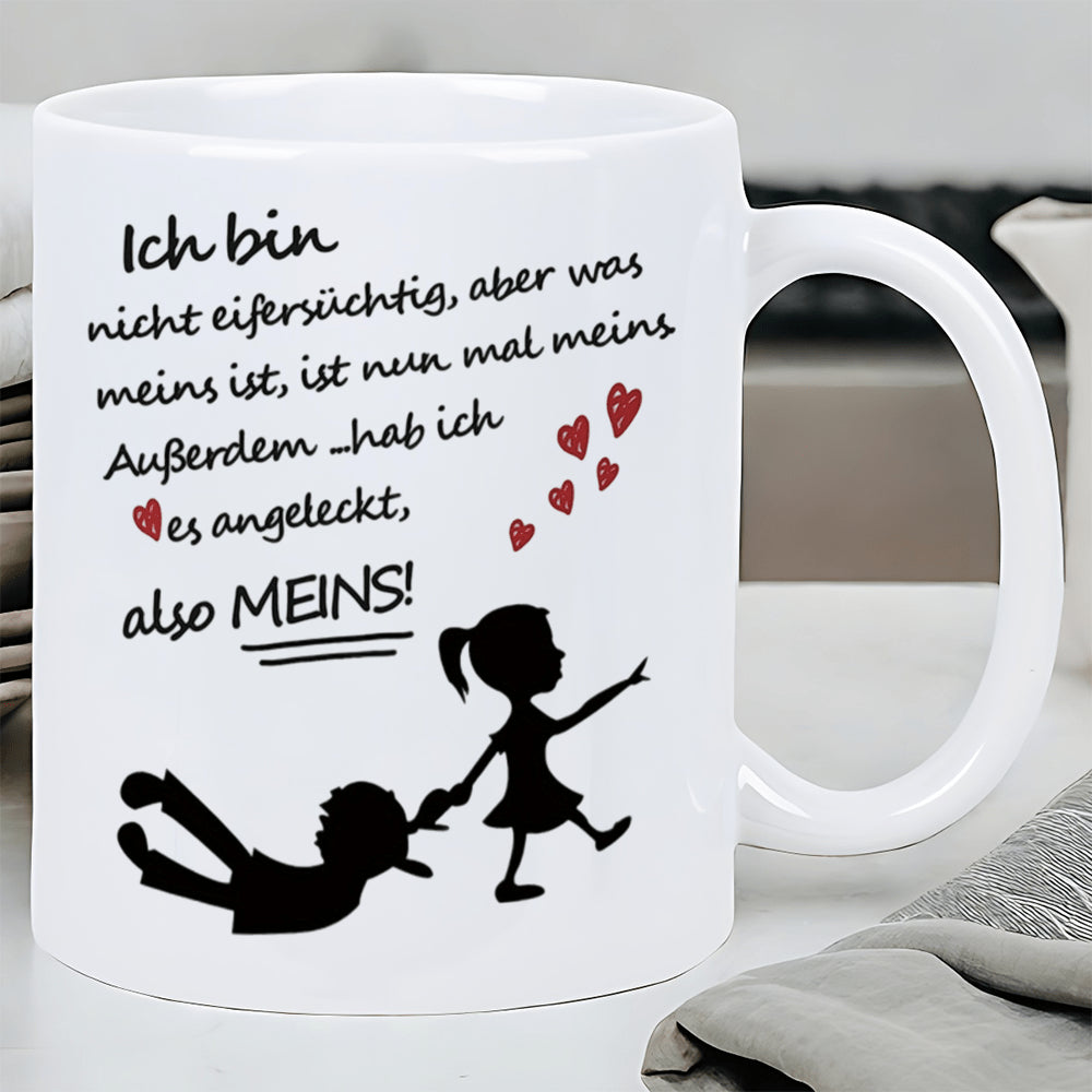 Tailorly White Ceramic 11 oz Mug - Playful Black Silhouette Figures Surrounded By Floating Red Heart Elements Silhouette