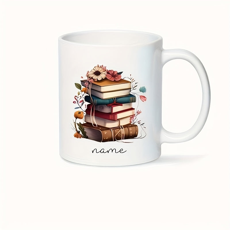 Tailorly White Ceramic 11 oz Mug - Name Vintage Stacked Books With Colorful Flowers And Delicate Floral Vines Books